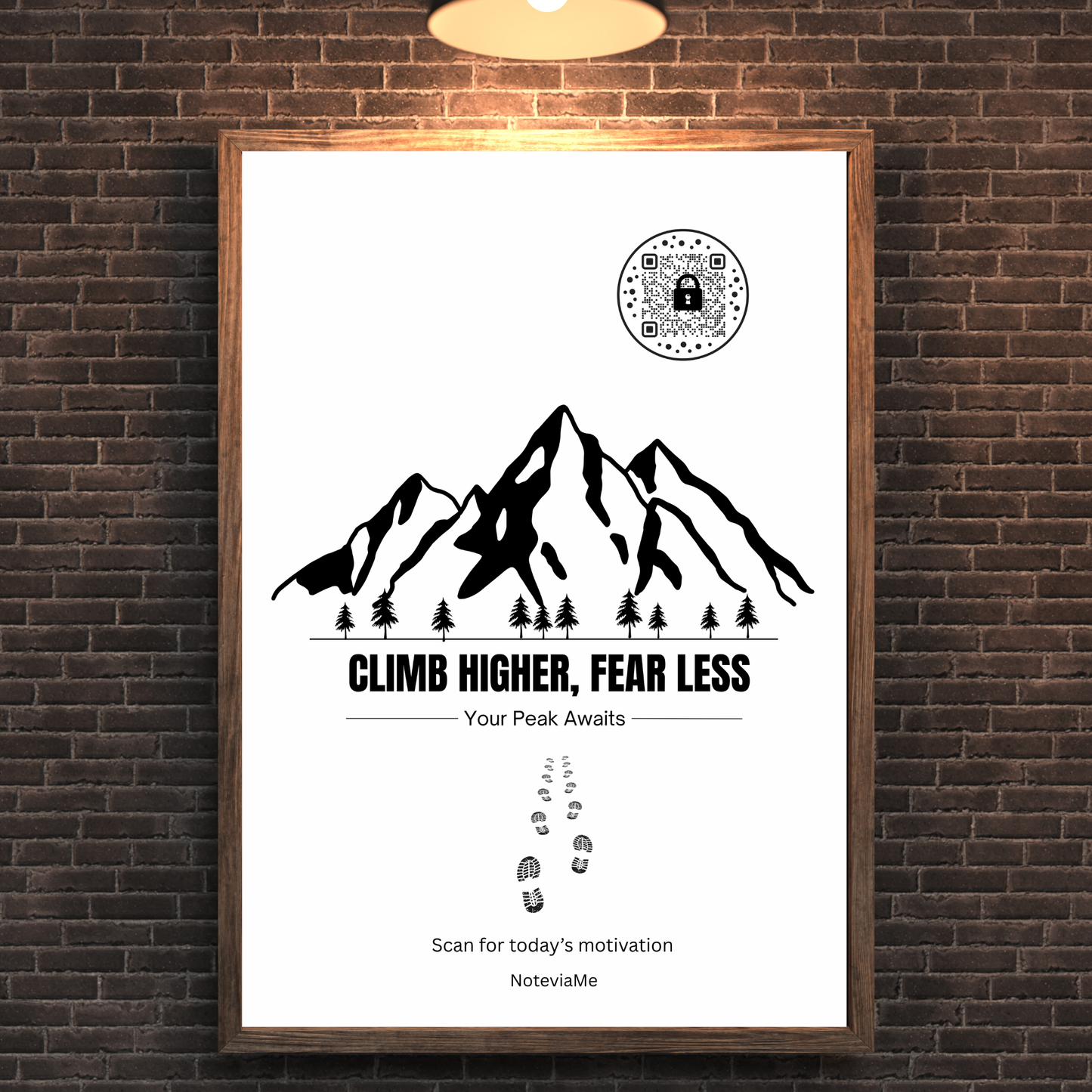 Motivational Mountain Poster – "Climb Higher, Fear Less" | QR Code Daily Inspiration