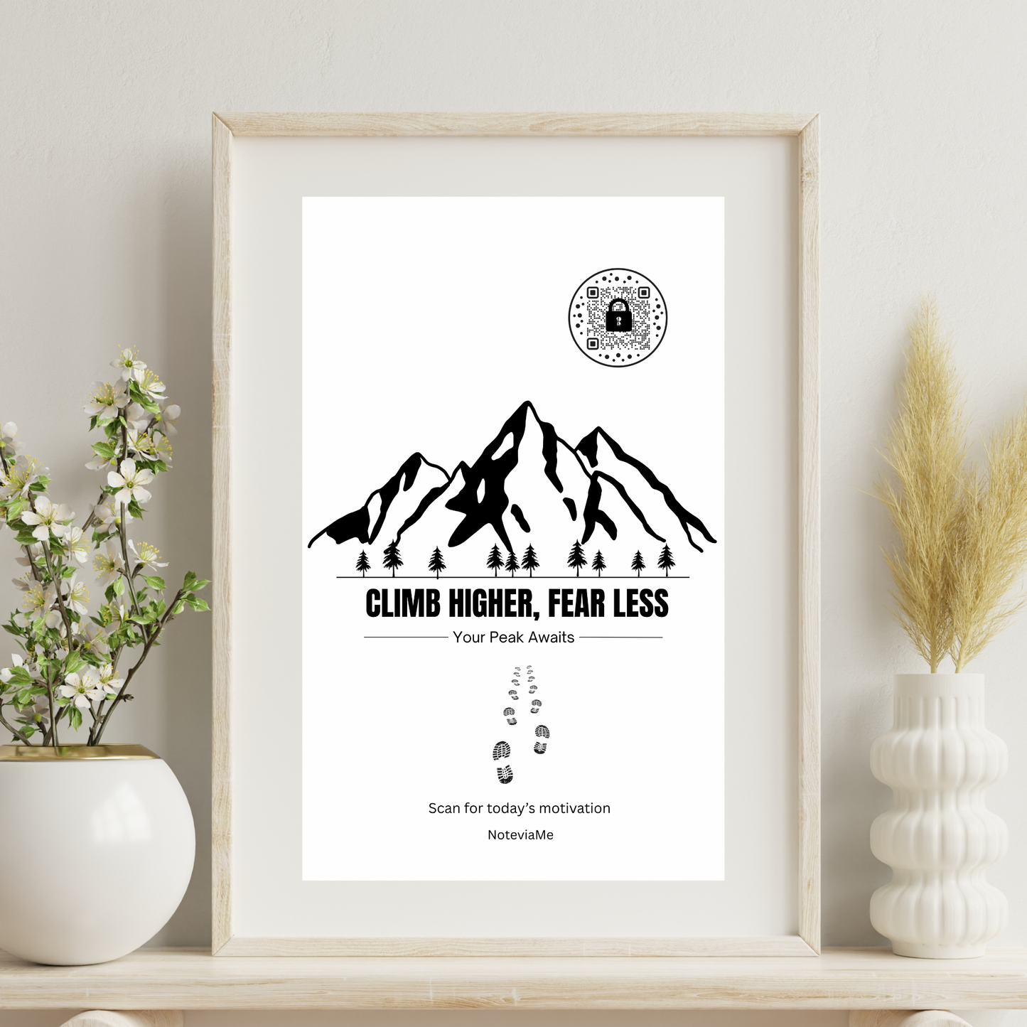 Motivational Mountain Poster – "Climb Higher, Fear Less" | QR Code Daily Inspiration