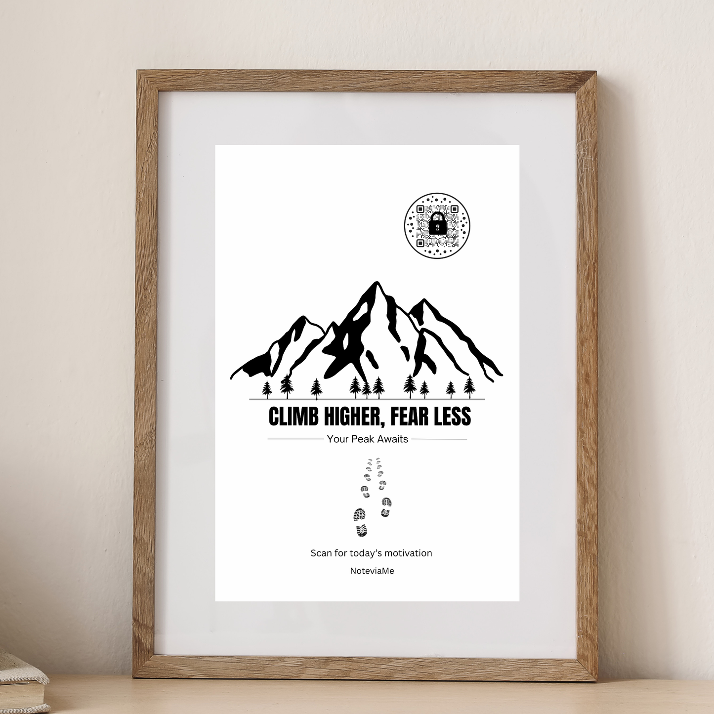 Motivational Mountain Poster – "Climb Higher, Fear Less" | QR Code Daily Inspiration